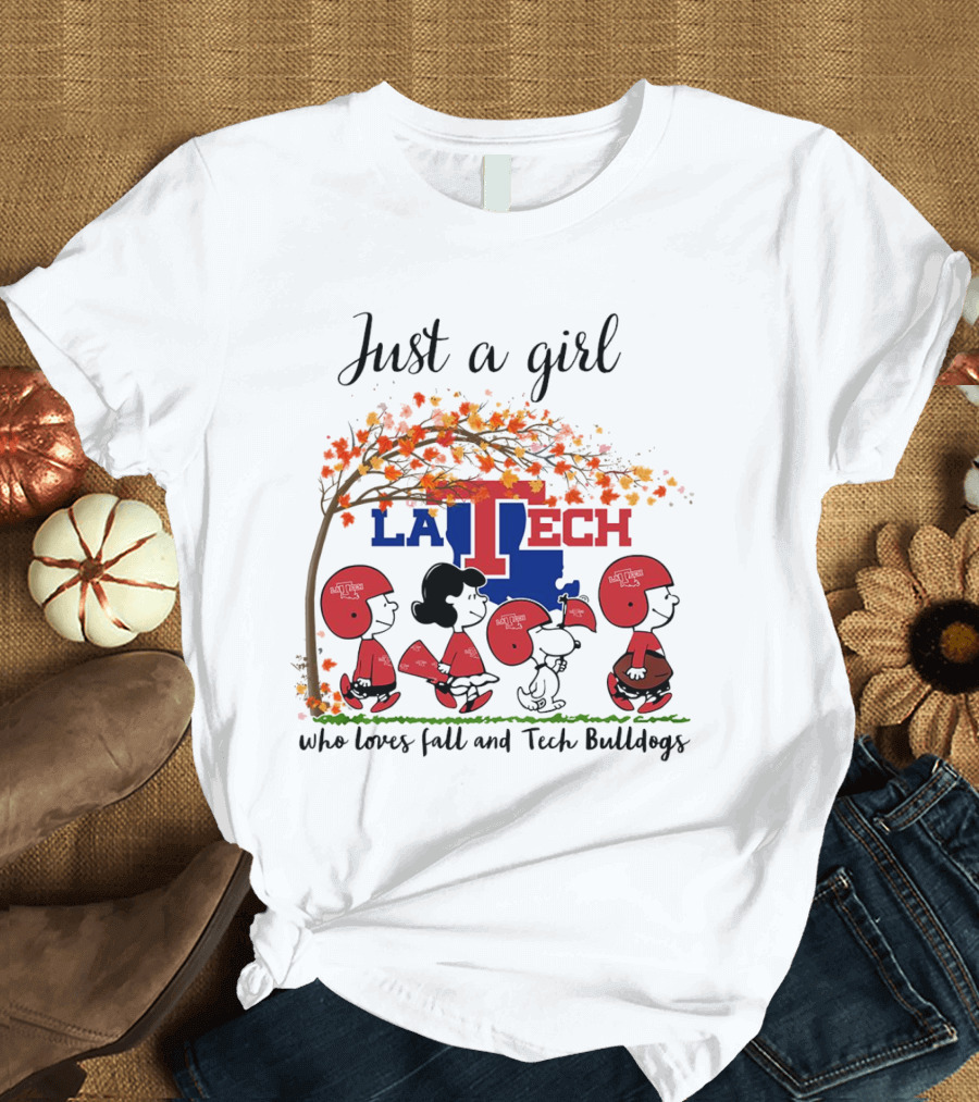 Just A Girl Who Loves Fall and LA Tech Bulldogs Peanuts Cartoon T-Shirt