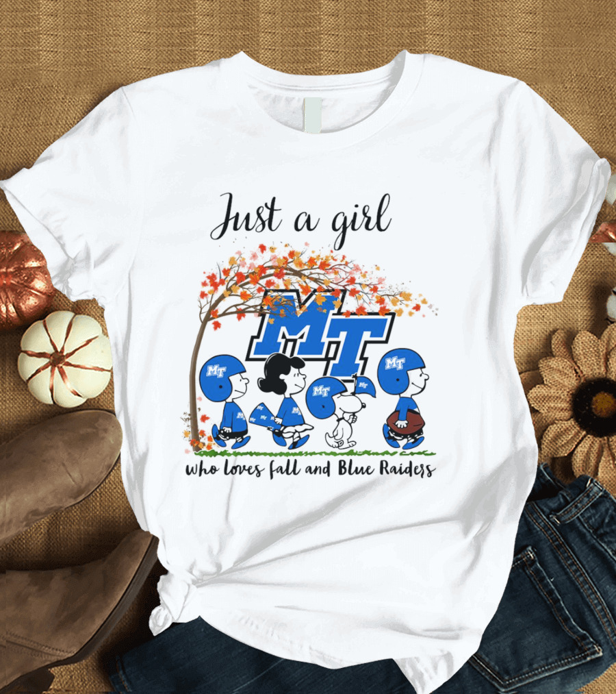 Just a Girl Who Loves Fall and Middle Tennessee Blue Raiders Peanuts Cartoon T-Shirt