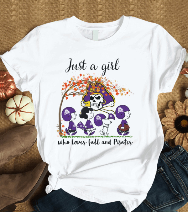 T-Shirt: Just A Girl Who Loves Fall and Pirates Peanuts Cartoon Halloween ECU T-Shirt Just A Girl Who Loves Fall and Pirates Peanuts Cartoon Halloween ECU T-Shirt