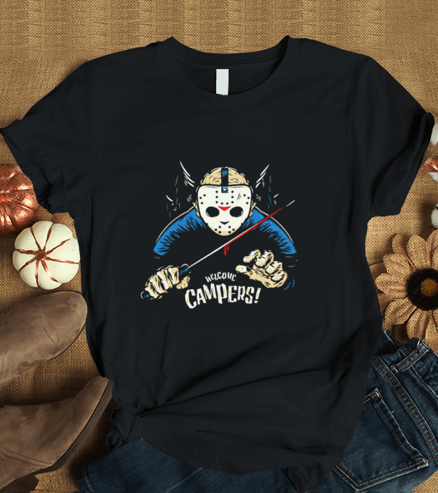 Welcome Campers Halloween Jason Voorhees Mask Wings Knife T-Shirt