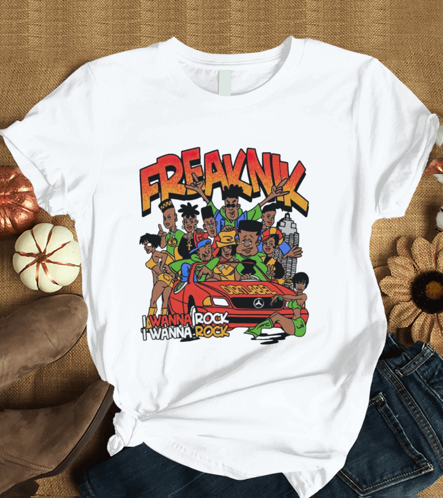 FreakNik I Wanna Rock Cartoon Characters in Red Car T-Shirt
