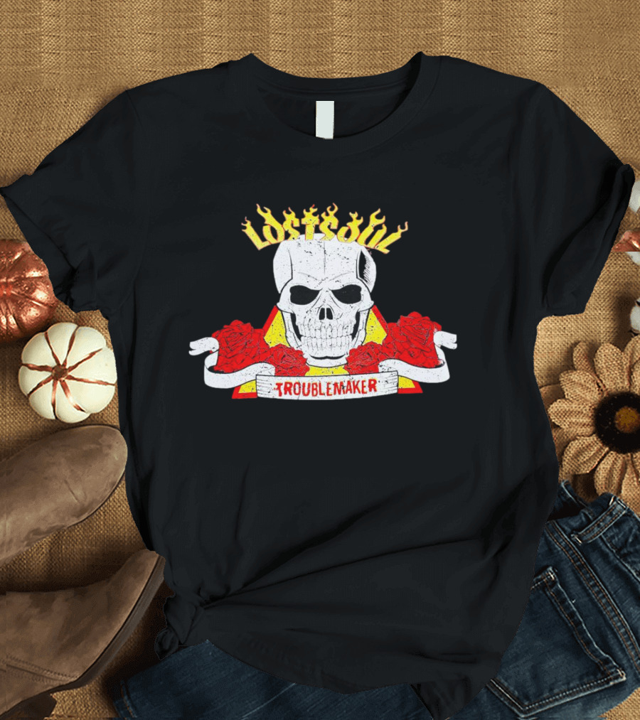 Lost Soul Skull with Flaming Text and Red Roses Troublemaker T-Shirt