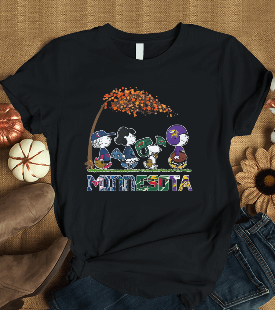 Minnesota Peanuts Characters in Sports Attire Walking Under Autumn Tree T-Shirt