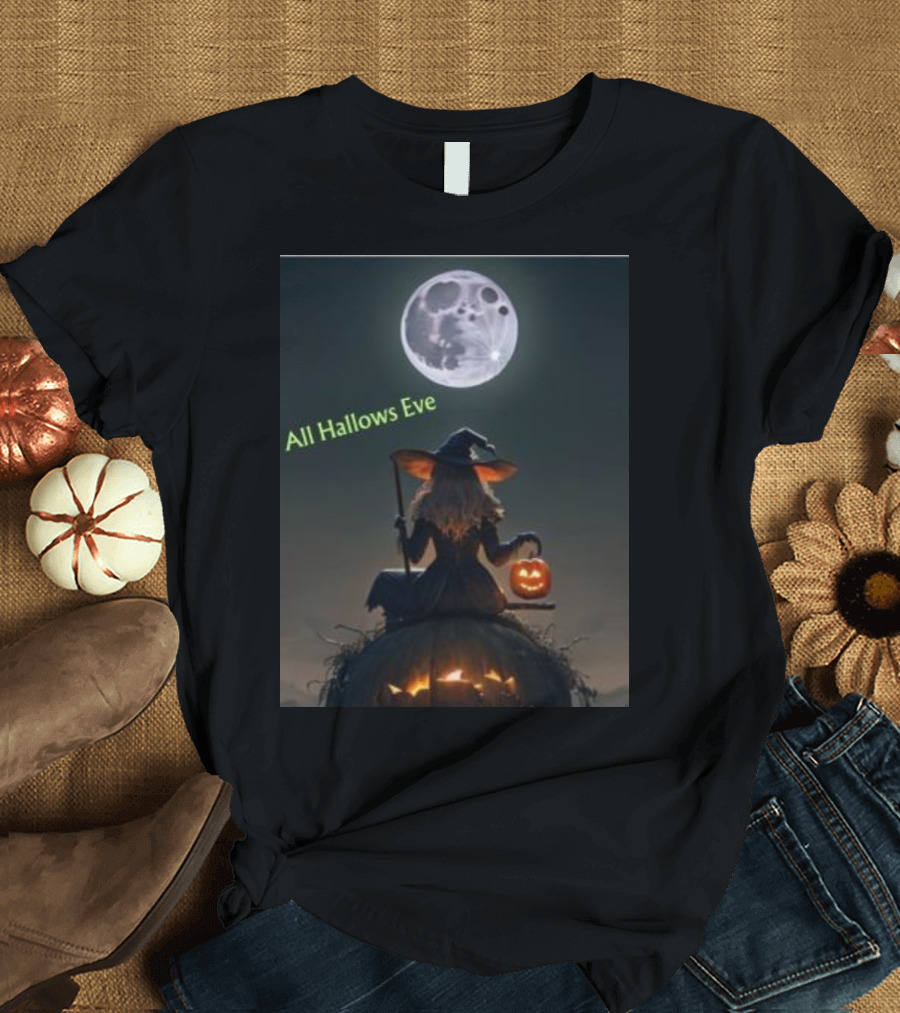 All Hallows Eve Witch with Jack-O-Lantern Under Full Moon Halloween T-Shirt
