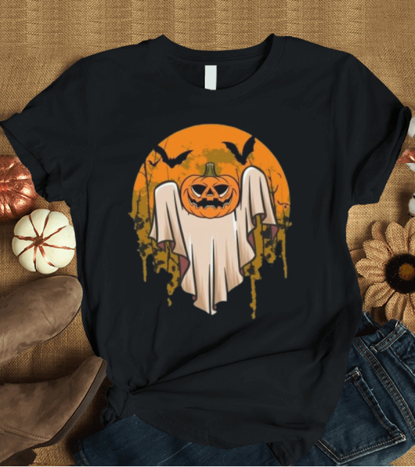 T-Shirt: Ghostly Pumpkin Head with Bats and Full Moon T-Shirt Ghostly Pumpkin Head with Bats and Full Moon T-Shirt