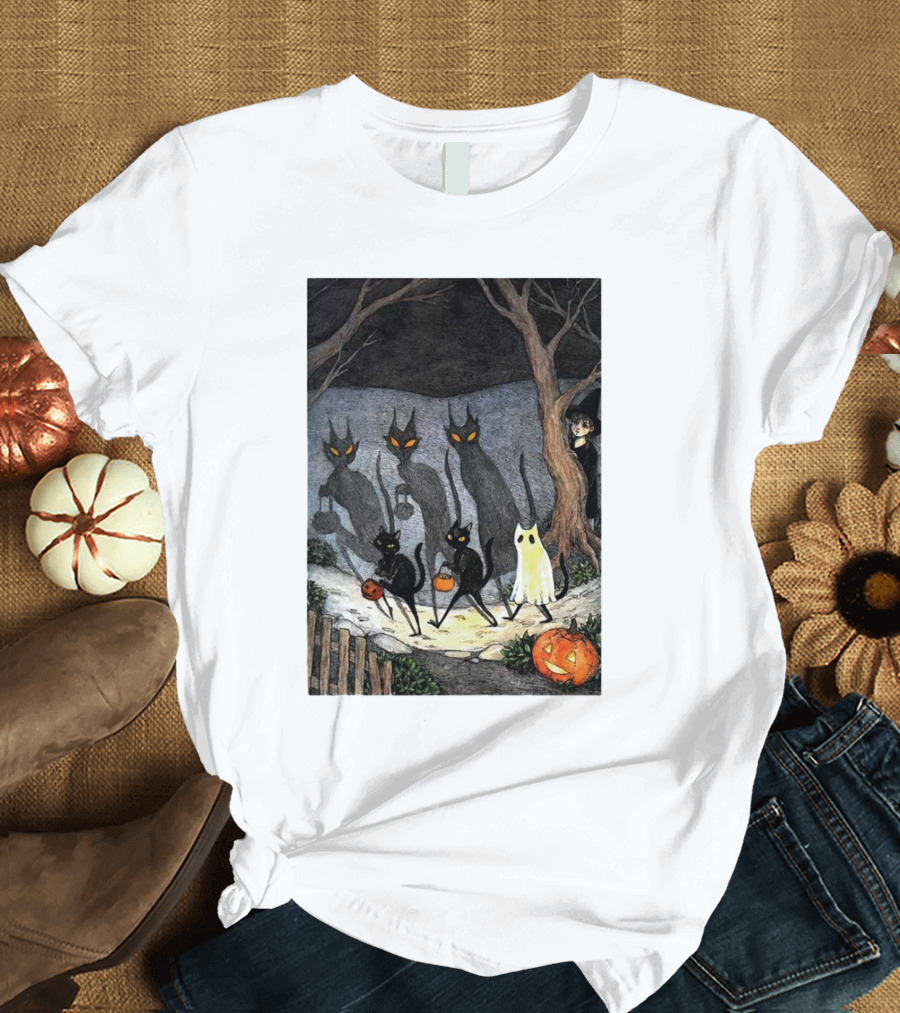 Halloween Black Cats Ghost Pumpkins Night Scene T-Shirt