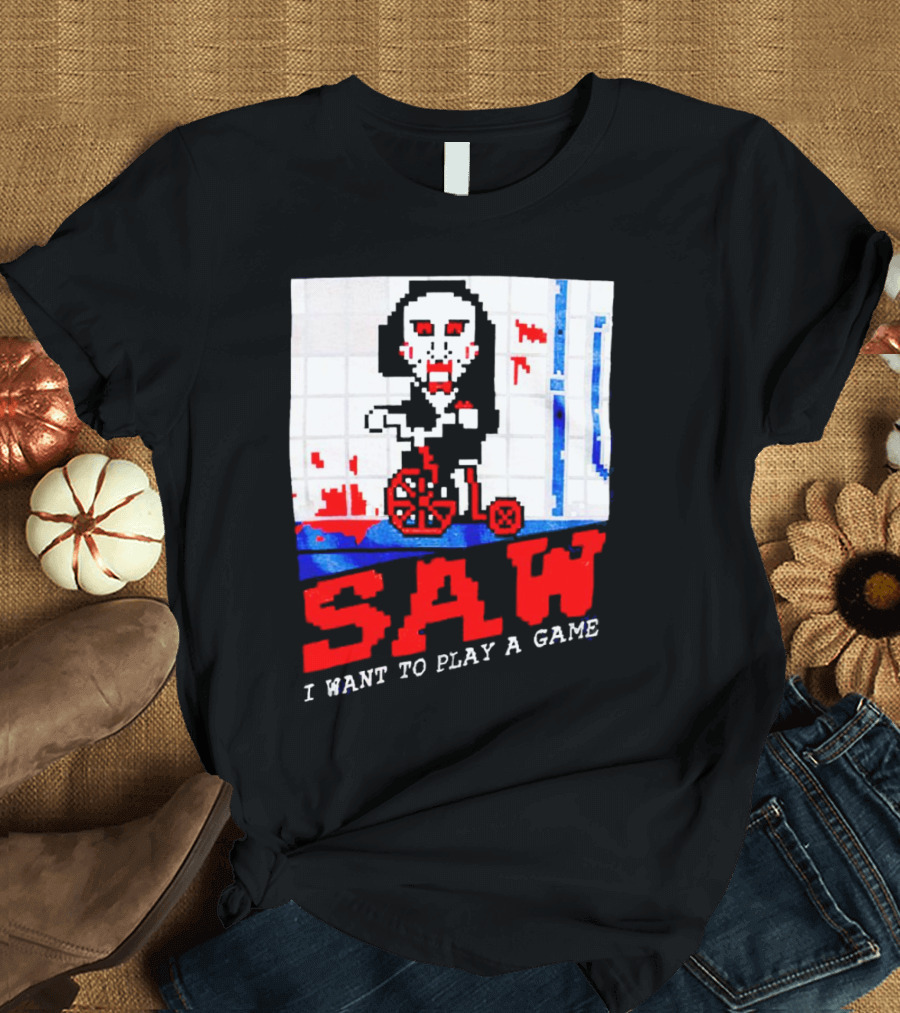 Saw I Want to Play a Game Pixel Art Tricycle Character T-Shirt