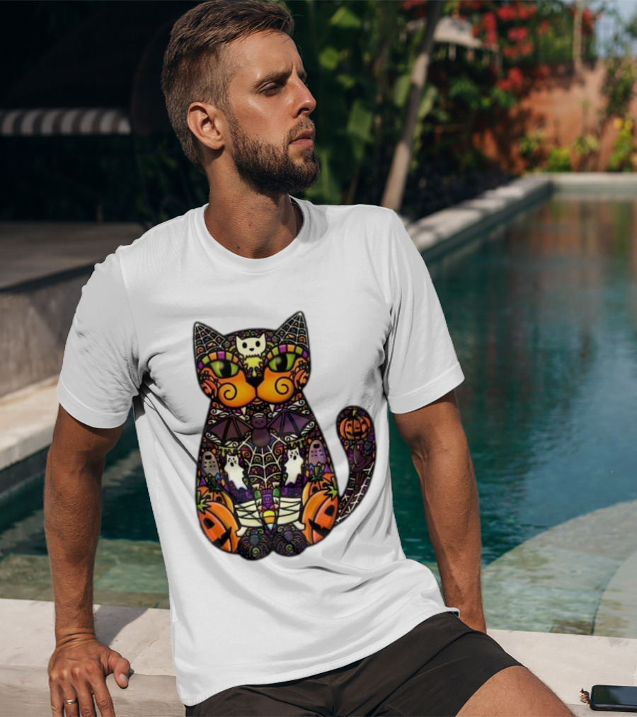 Halloween Cat With Pumpkins Ghosts And Bats T-Shirt