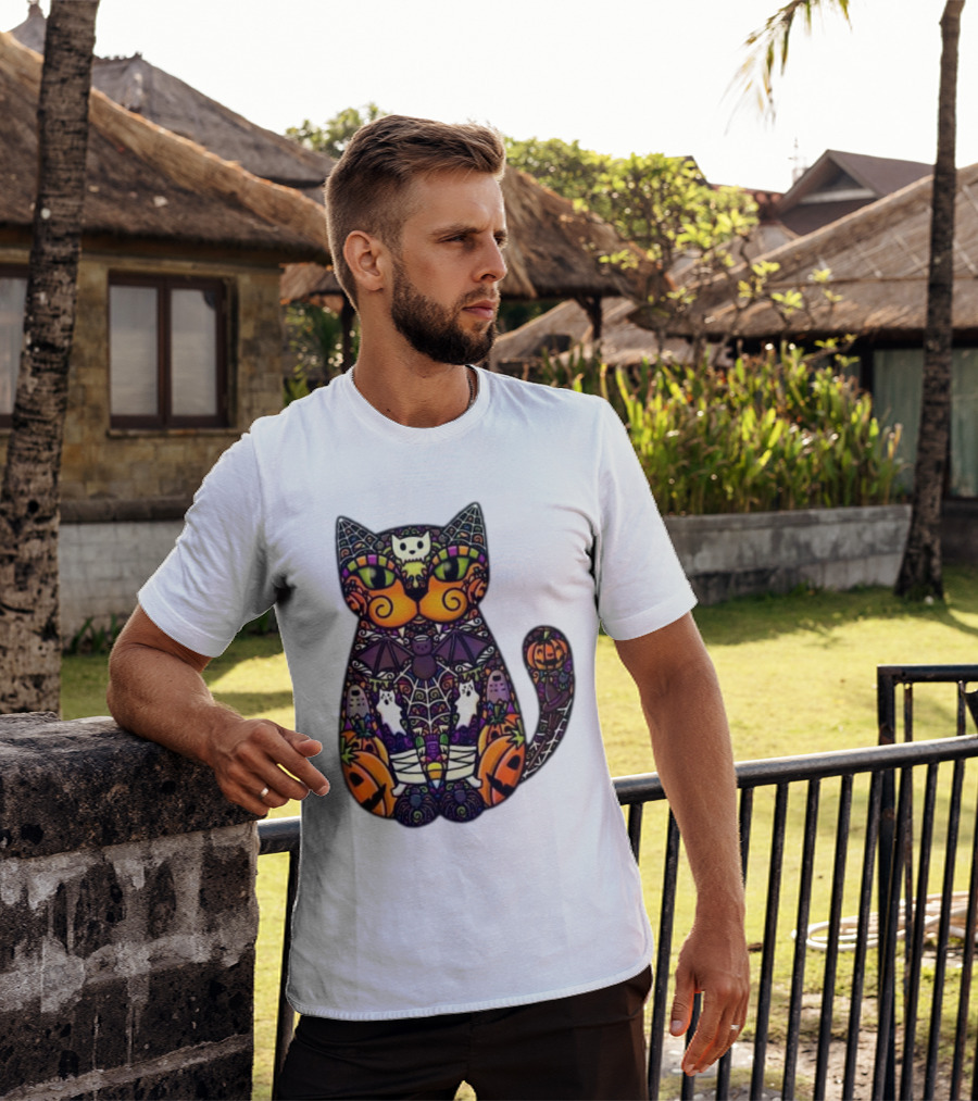 Halloween Cat With Pumpkins Ghosts And Bats T-Shirt