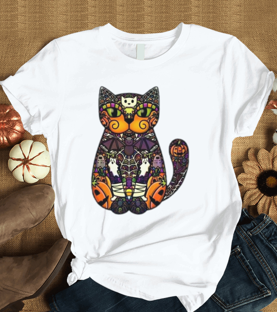 Halloween Cat With Pumpkins Ghosts And Bats T-Shirt