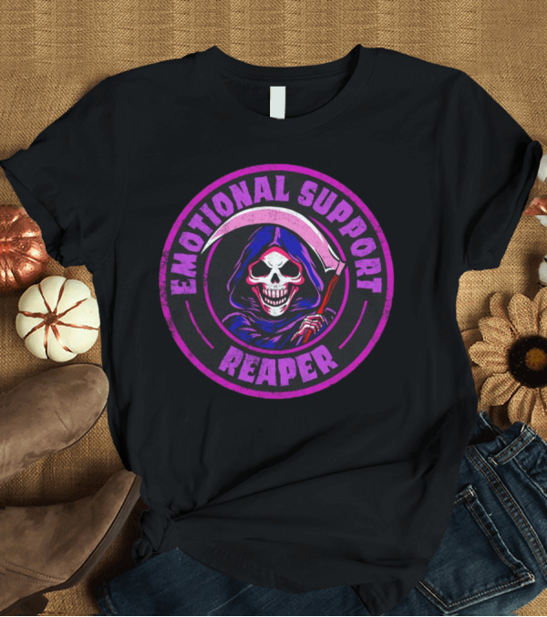 T-Shirt: Emotional Support Reaper Skeleton with Scythe in Purple Hood T-Shirt Emotional Support Reaper Skeleton with Scythe in Purple Hood T-Shirt