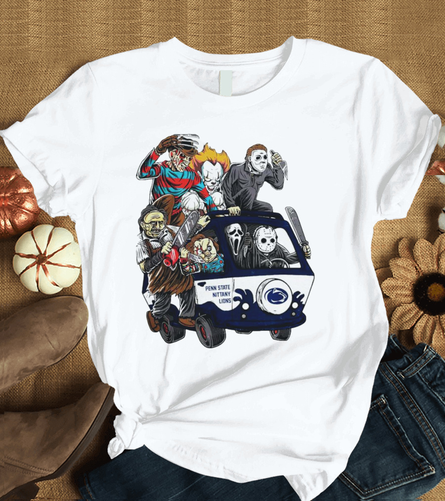 Penn State Nittany Lions Horror Movie Characters Halloween Bus T-Shirt
