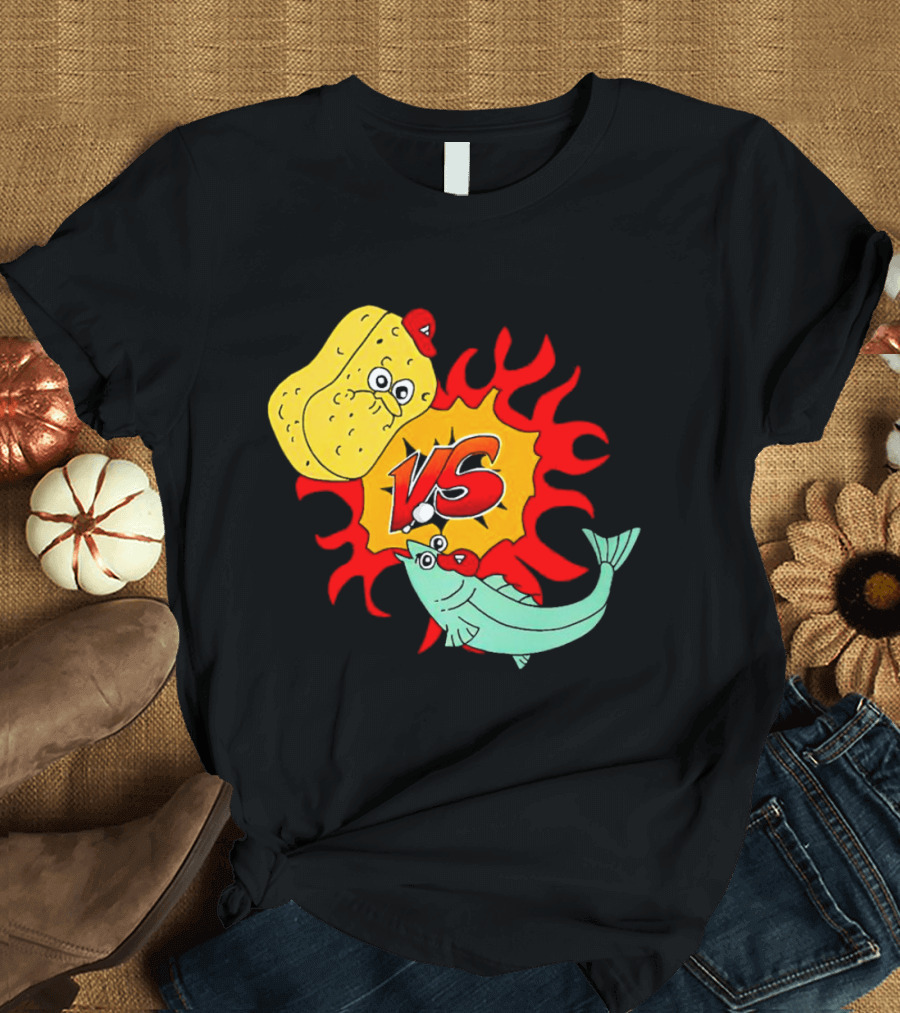 Sponge vs Fish Cartoon Showdown with Flames T-Shirt