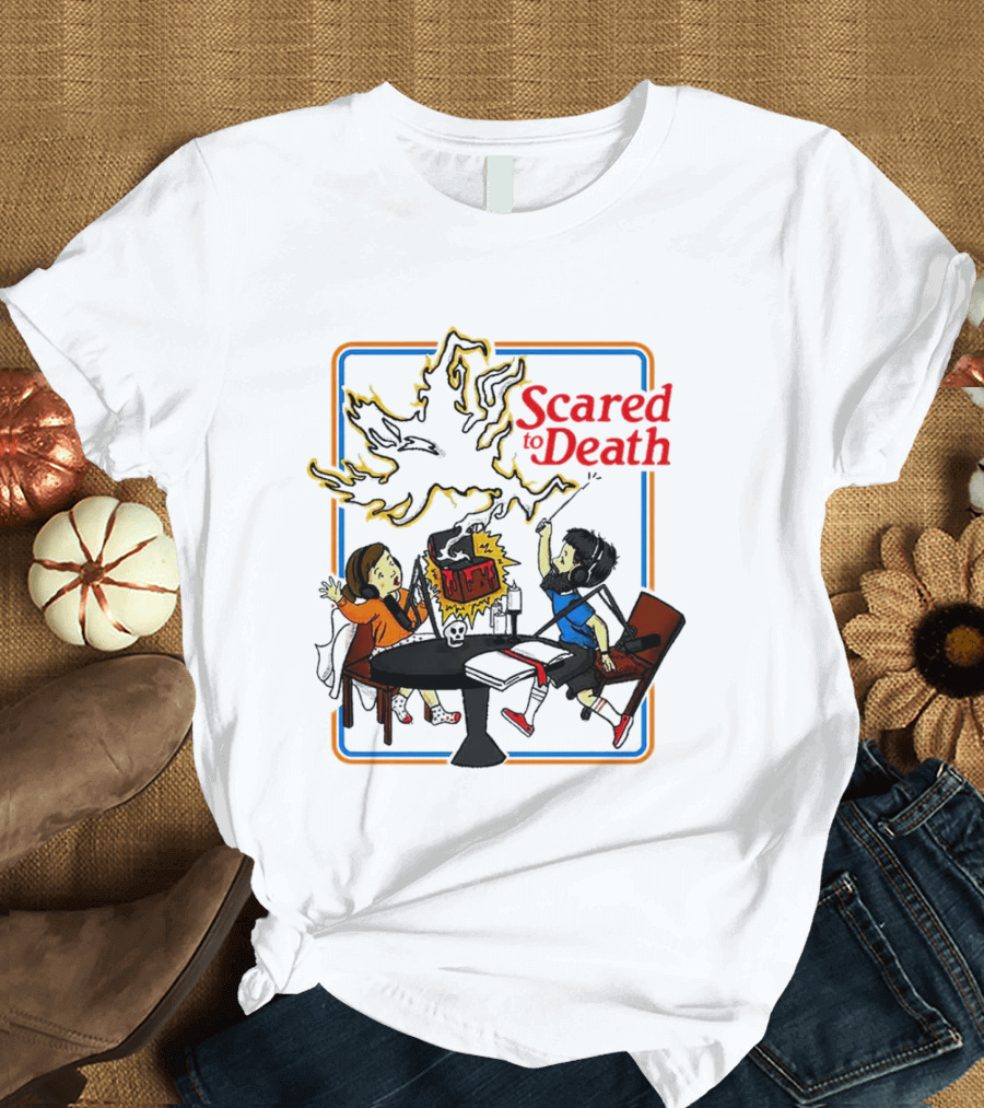 Scared to Death Podcast Horror Theme Two Hosts with Headphones Ghostly Flames T-Shirt