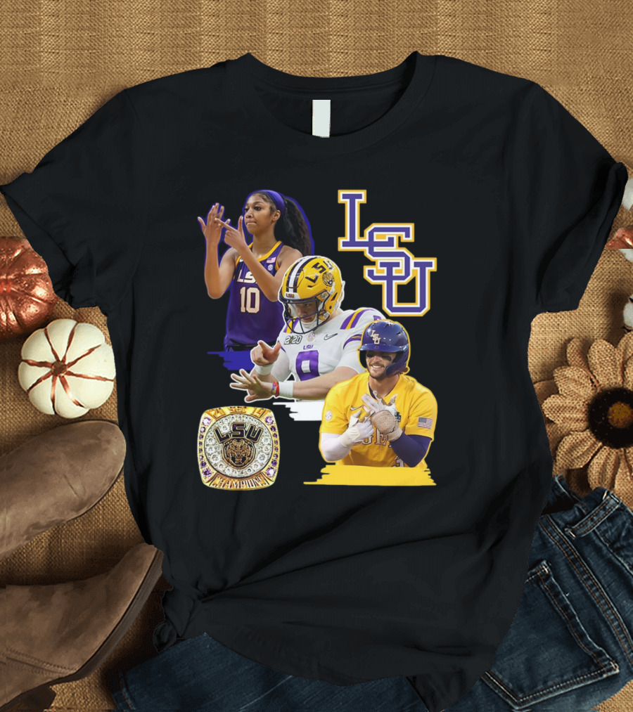 LSU Tigers Champions with Three Rings and Athletes T-Shirt