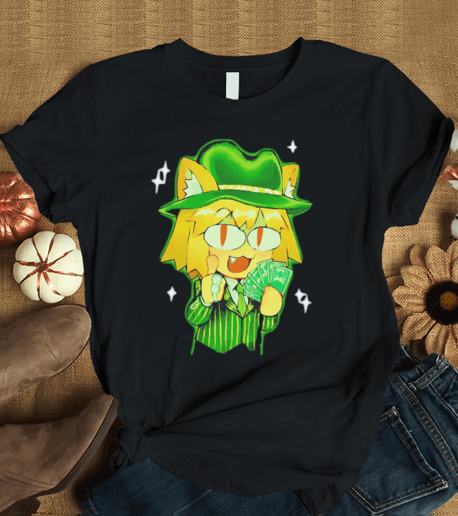 Sunny Waifu Gangster Neco-Arc Anime Cat Character with Money and Green Hat T-Shirt