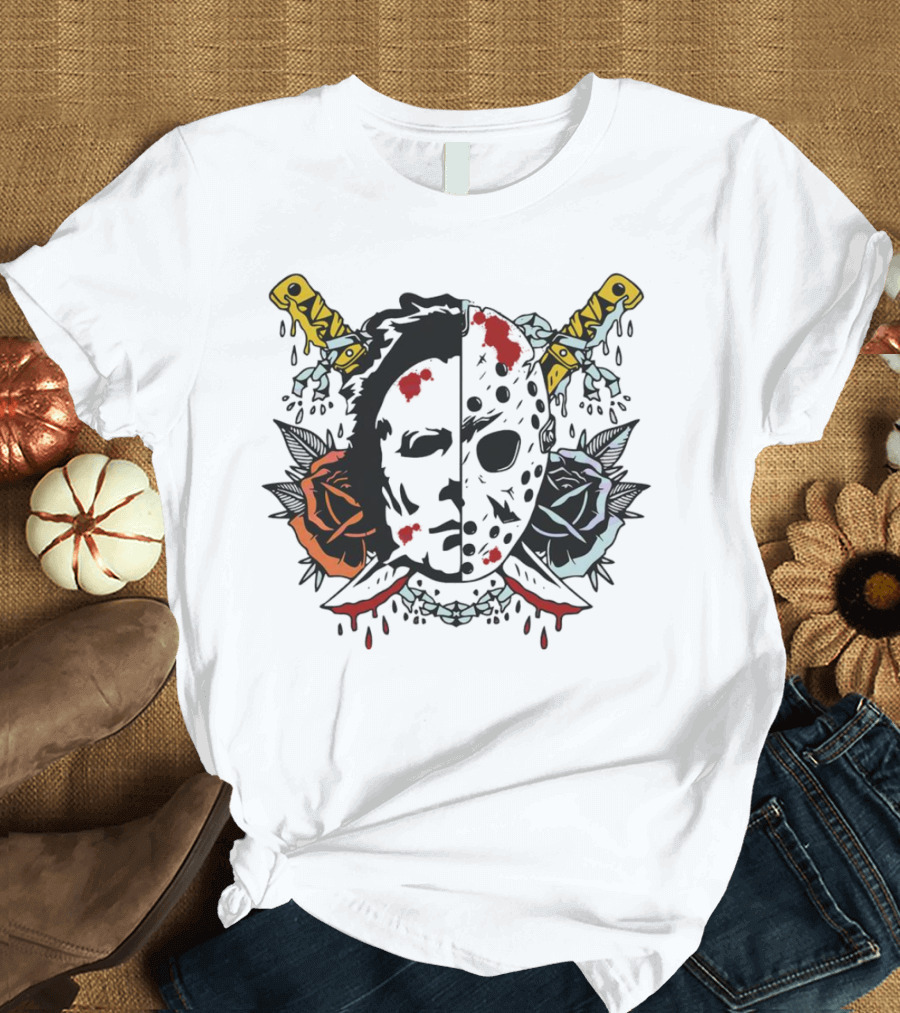 Floral Horror Movie Ghost Mask with Knives and Roses Vintage T-Shirt