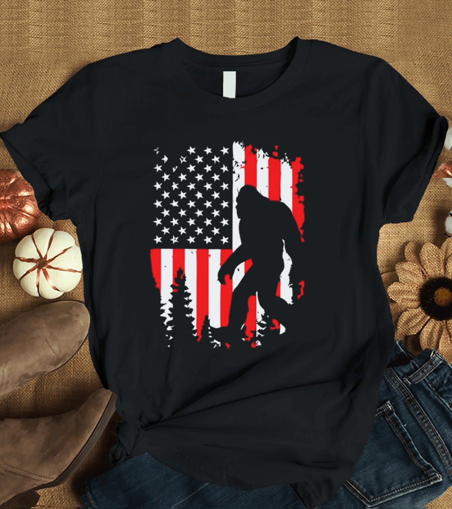 Bigfoot Silhouette with American Flag Background T-Shirt