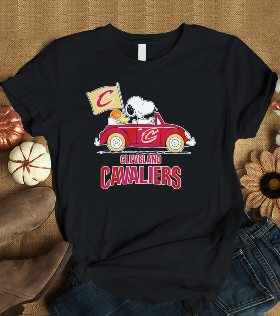 Cleveland Cavaliers Snoopy Driving Car with Basketball and Flag T-Shirt