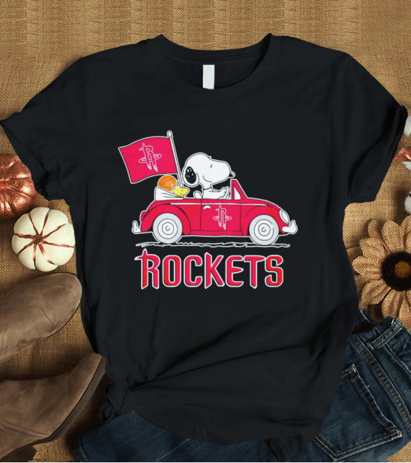 T-Shirt: Rockets Snoopy Driving Red Car with Basketball Flag T-Shirt Rockets Snoopy Driving Red Car with Basketball Flag T-Shirt