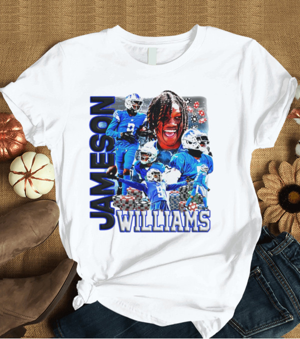 T-Shirt: Jameson Williams Detroit Lions Football NFL Athlete Montage T-Shirt Jameson Williams Detroit Lions Football NFL Athlete Montage T-Shirt