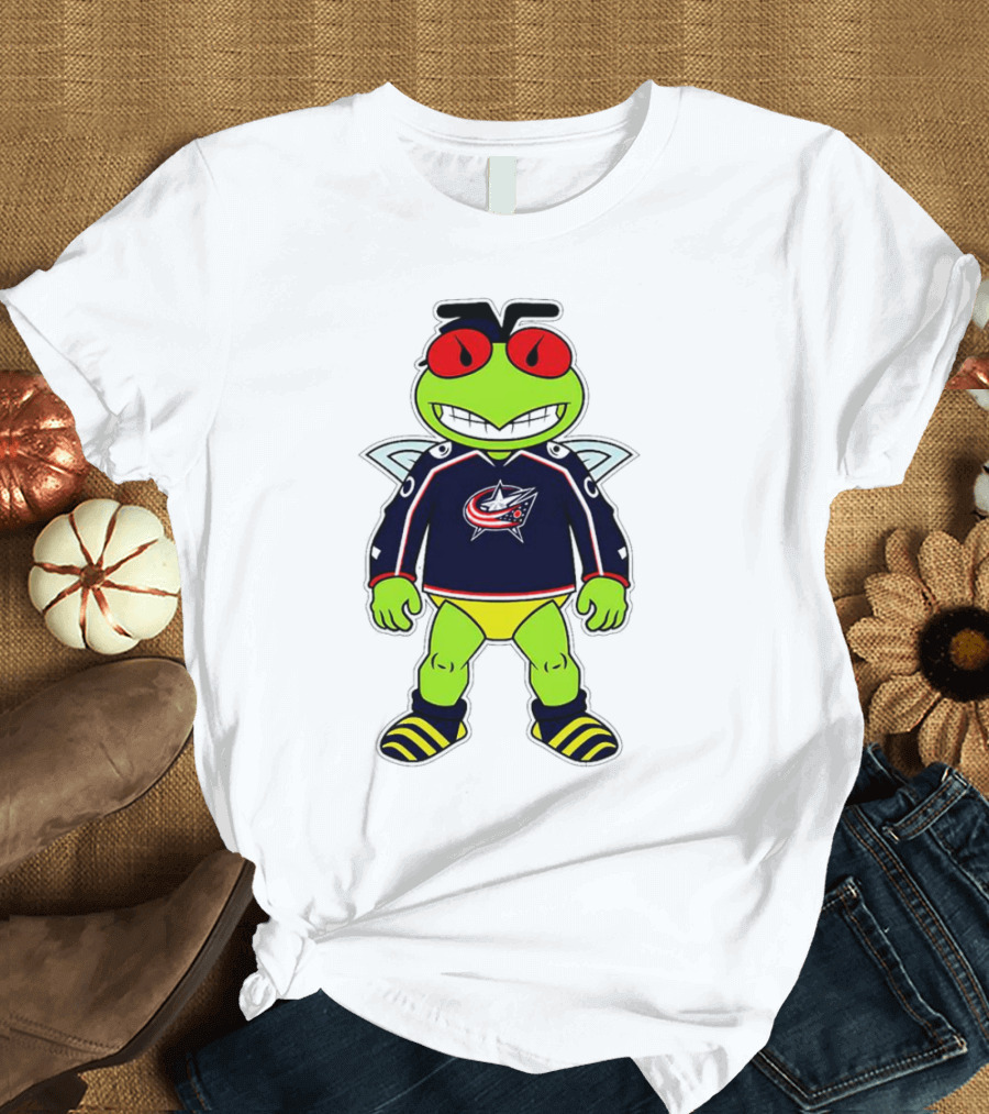 Columbus Blue Jackets Stinger Mascot Character in Team Jersey T-Shirt