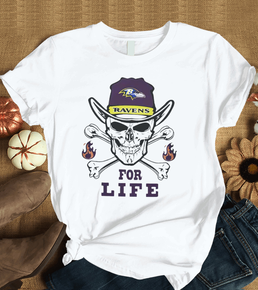 Baltimore Ravens Skull with Flames For Life T-Shirt