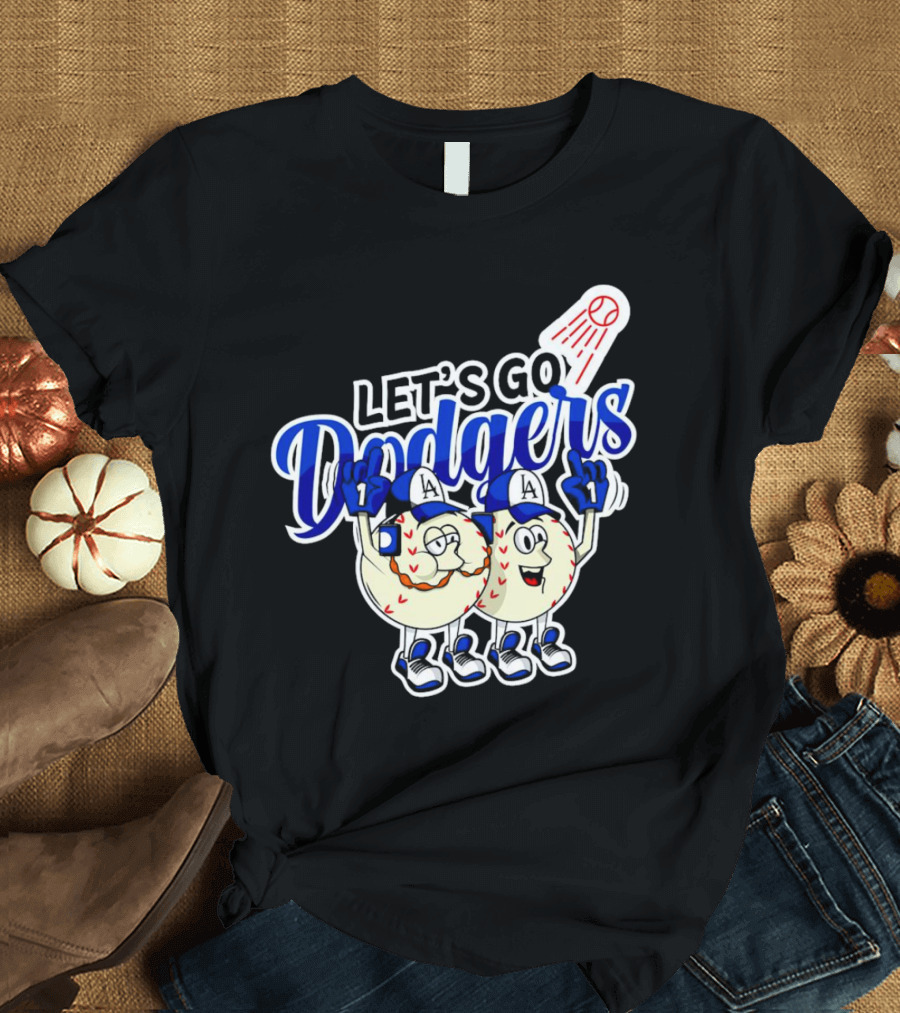 Let's Go Dodgers Baseball with Cartoon Baseballs and Iconic Spotlight T-Shirt
