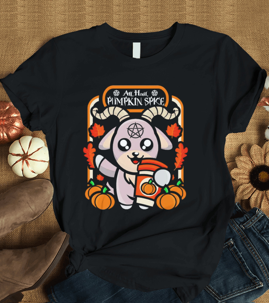 All Hail Pumpkin Spice Halloween Goat with Coffee, Pumpkins, and Pentagram T-Shirt