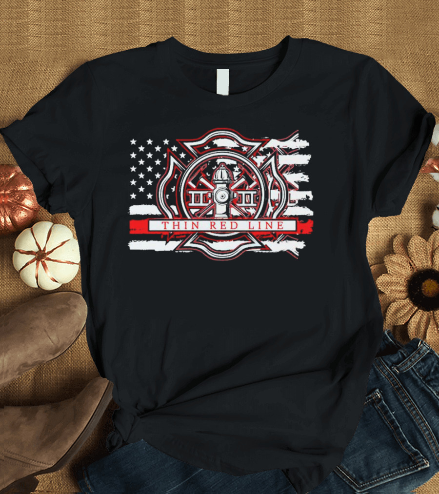 Thin Red Line USA Flag Firefighter Maltese Cross Hydrant T-Shirt
