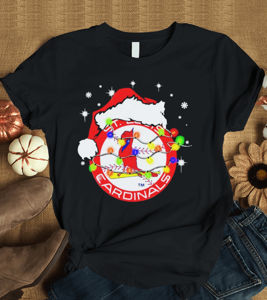 Santa Hat St. Louis Cardinals Christmas Lights Holiday T-Shirt