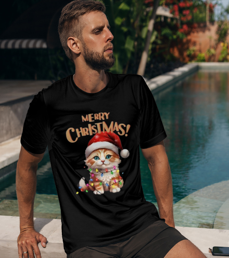 Merry Christmas Cat Santa With Lights T-Shirt
