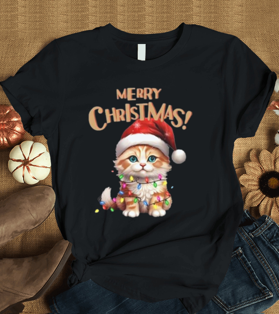 Merry Christmas Cat Santa with Lights T-Shirt