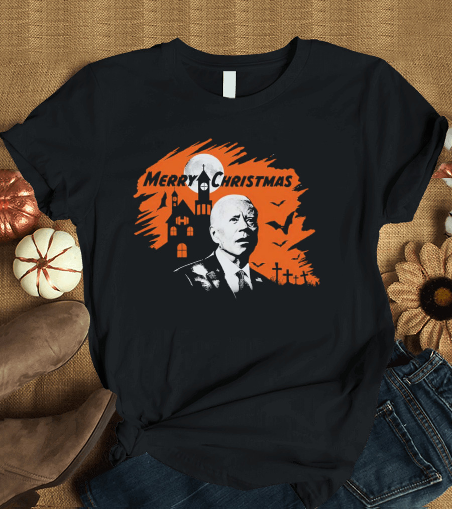 Biden Merry Christmas Halloween Haunted Church Graveyard Bats Orange Moon T-Shirt