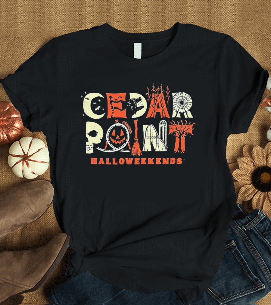 Cedar Point Halloweekends Halloween Spooky Skull Pumpkin Broomstick Haunted Tree T-Shirt