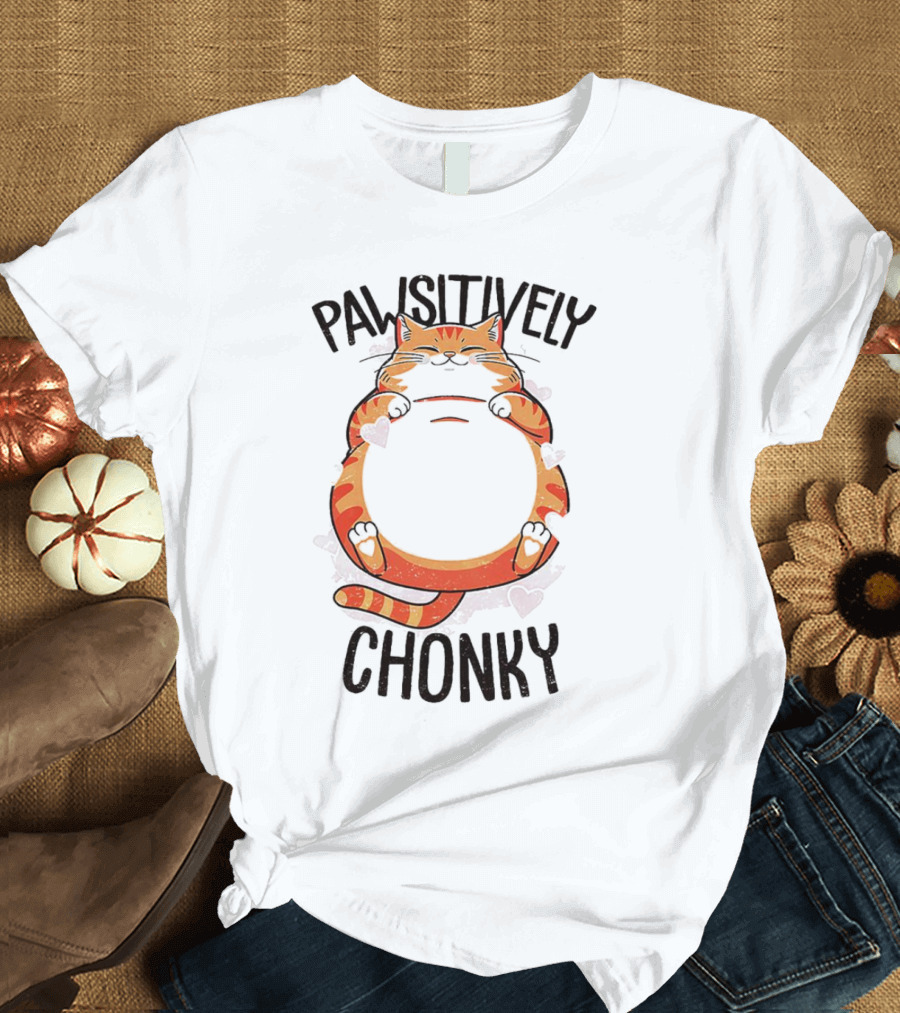 Pawsitively Chonky Cat with Hearts and Smiling Orange Tabby T-Shirt