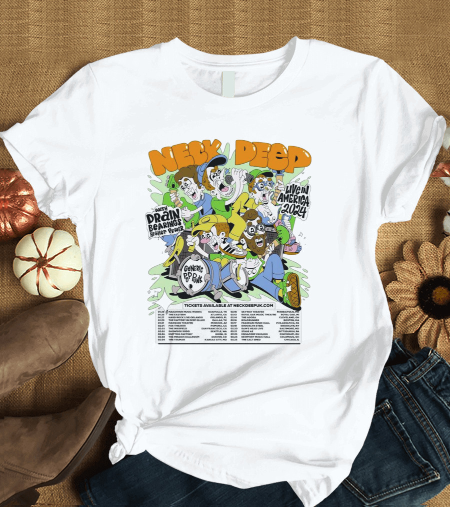 Neck Deep Live in America 2024 with Drain Bearings Higher Power Generic Pop Punk Tour Dates T-Shirt