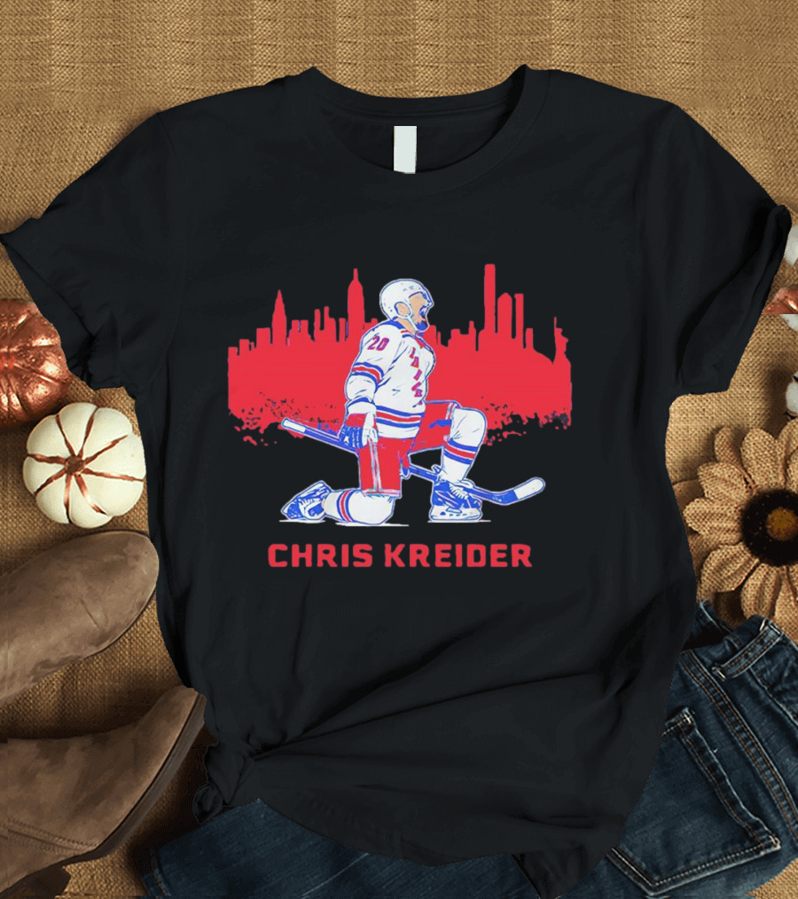 Chris Kreider New York Rangers Skyline Kneeling Hockey Player T-Shirt