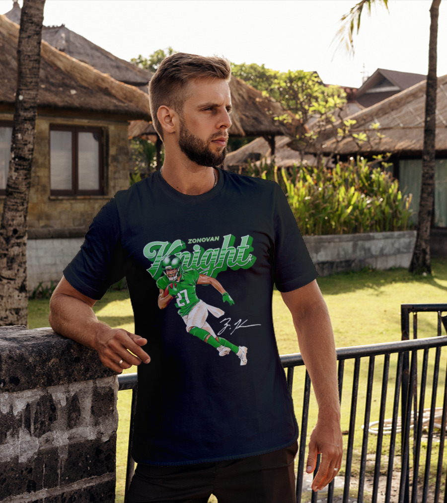 Zonovan Knight New York Jets Vintage Style Green Knight Signature Football T-Shirt