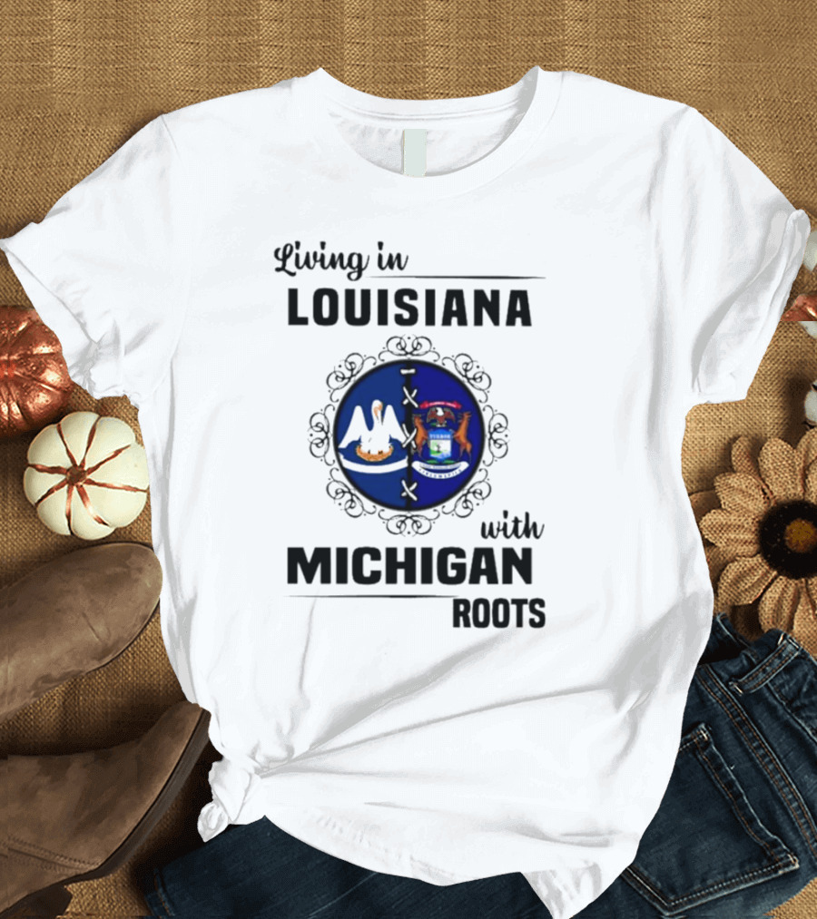 Living in Louisiana with Michigan Roots Pelican and Seal Emblem T-Shirt