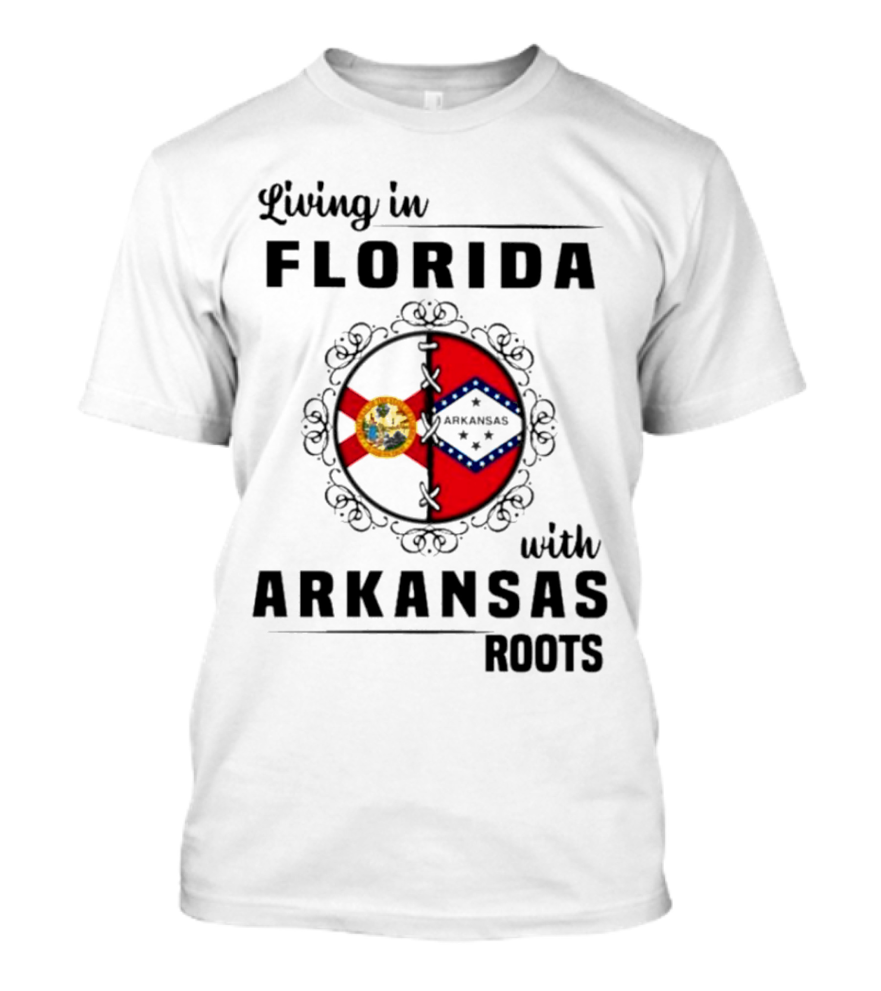 Living In Florida With Arkansas Roots Emblem Featuring State Seals And Flags T-Shirt