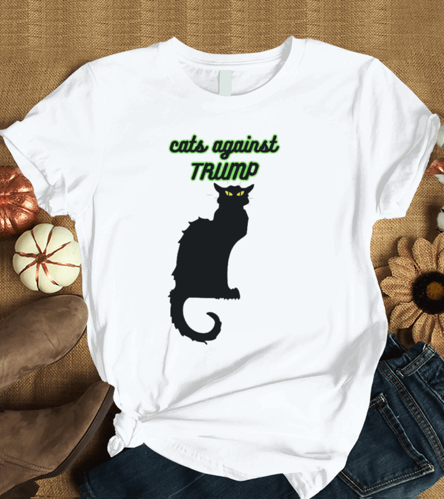 cats against trump black cat silhouette with glowing yellow eyes T-Shirt