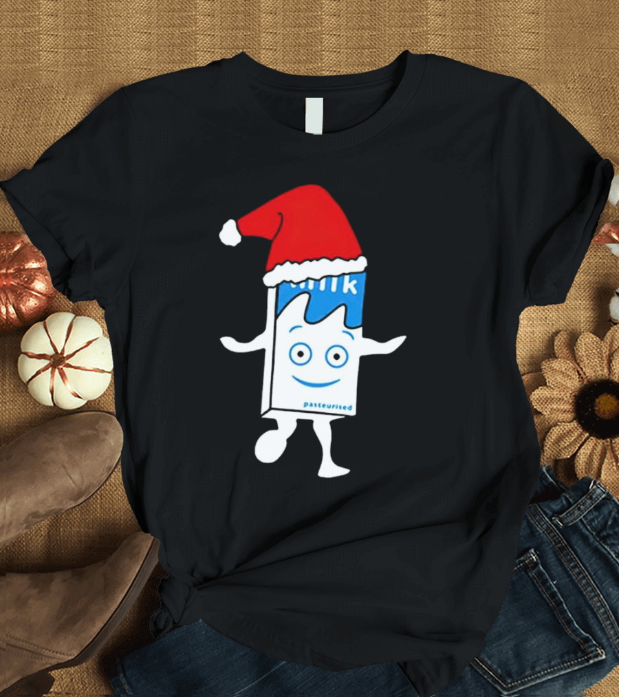 Blur Milk Christmas Cartoon with Santa Hat T-Shirt