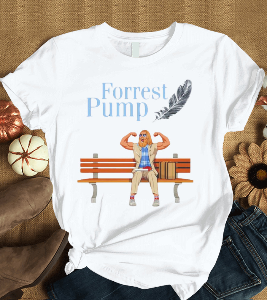 Forrest Pump Sitcom Character with Feather and Bench T-Shirt