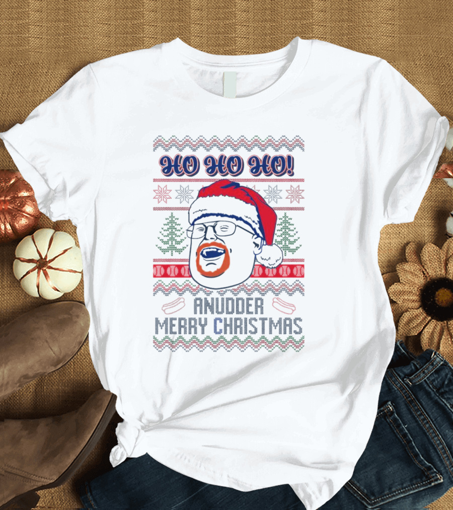 HO HO HO Anudder Merry Christmas Ugly Santa Beard Trees Snowflakes Sausages T-Shirt