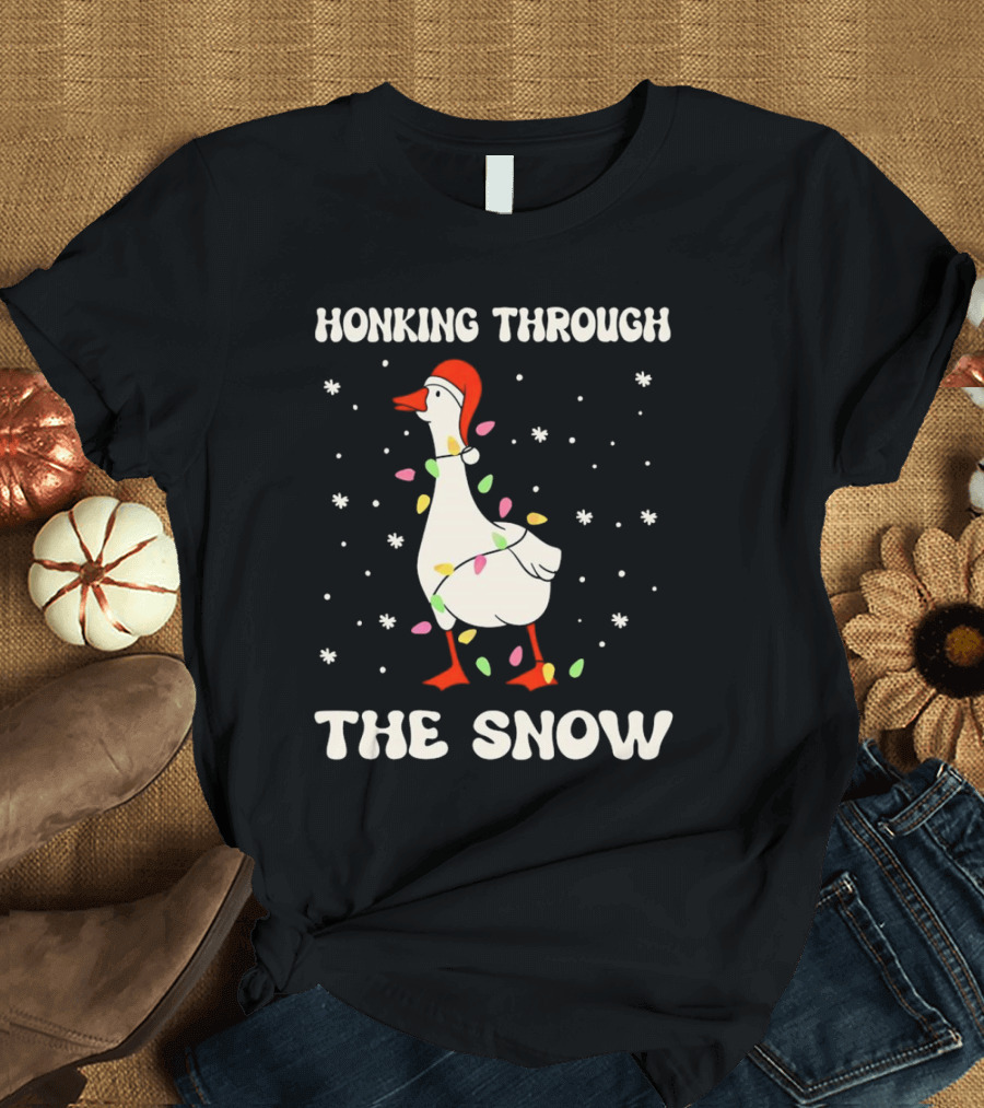 Honking Through the Snow Goose Wrapped in Christmas Lights T-Shirt