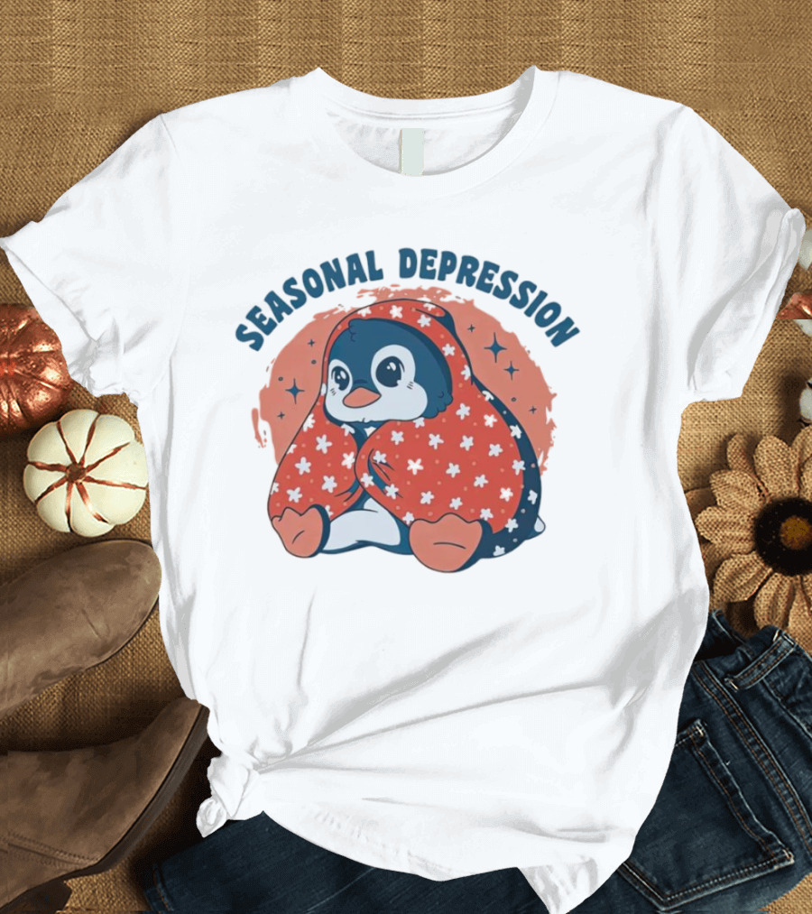 Seasonal Depression Penguin in Cozy Blanket with Stars and Flowers T-Shirt