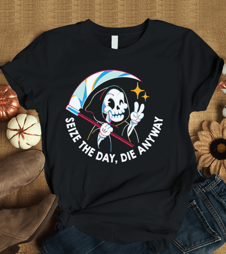 Seize the Day Die Anyway Grim Reaper Peace Sign T-Shirt