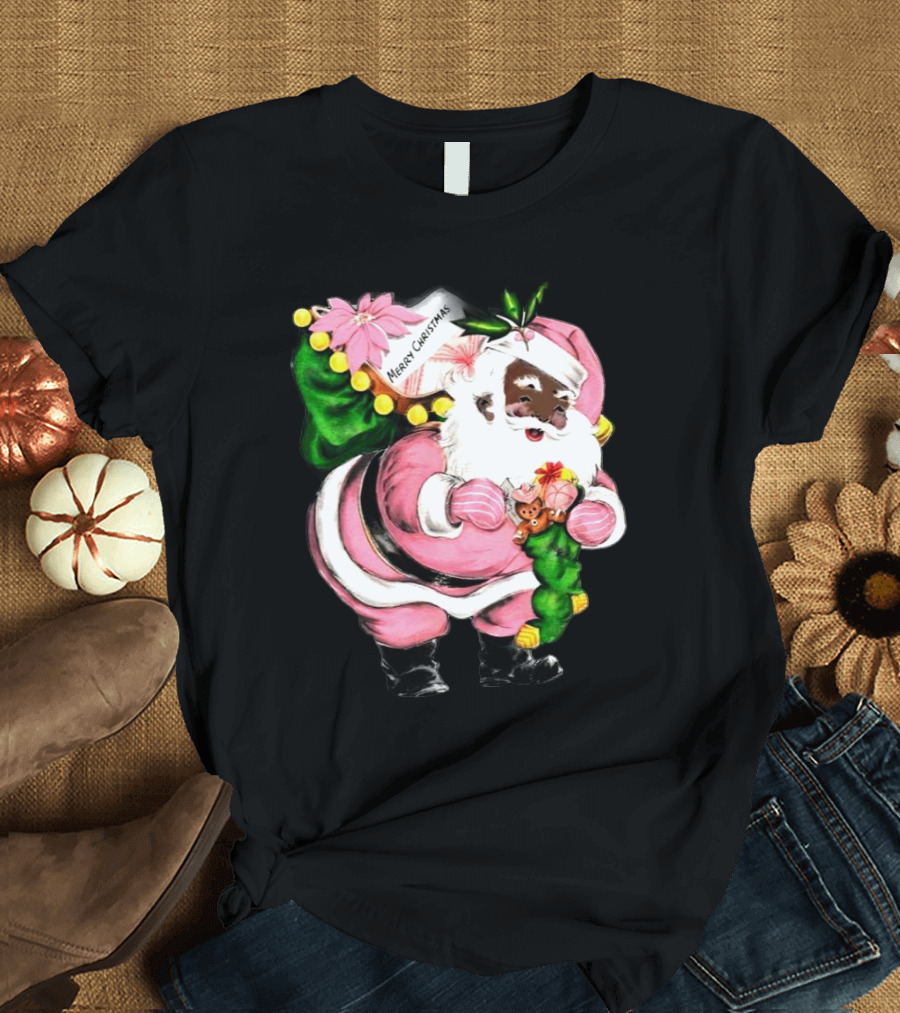Merry Christmas Pink African-American Black Santa Claus with Gifts T-Shirt