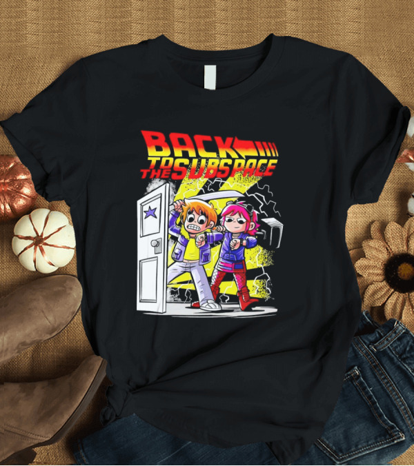 T-Shirt: Back to the Subspace Scott Pilgrim and Ramona with Retro Door and Lightning T-Shirt Back to the Subspace Scott Pilgrim and Ramona with Retro Door and Lightning T-Shirt